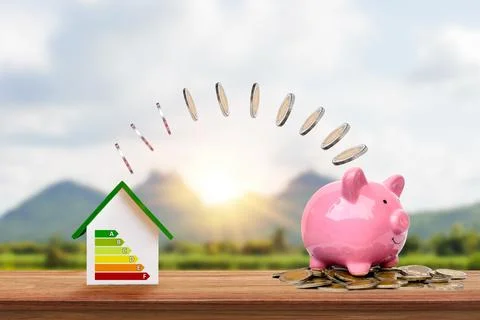 Silver coins flow from energy-efficient home models to piggy banks, innovat.. Stock Photos
