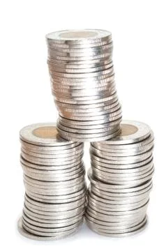 Silver  coins stack on white background 스톡 사진