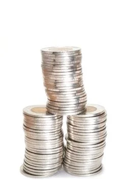 Silver  coins stack on white background Stock Photos