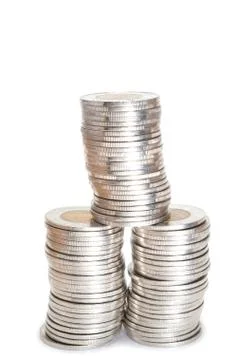 Silver  coins stack on white background 스톡 사진