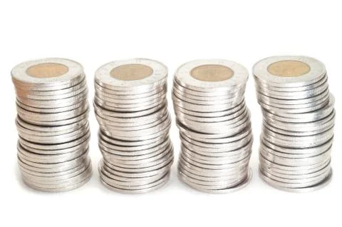 Silver  coins stack on white background Stock Photos