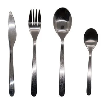 Silver coloured knife, fork and spoon cutlery set.  Isolated on white Stock Photos