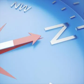 Silver compass with windrose, emblem of compass close-up, with DOF effect. 3d Stock Illustration