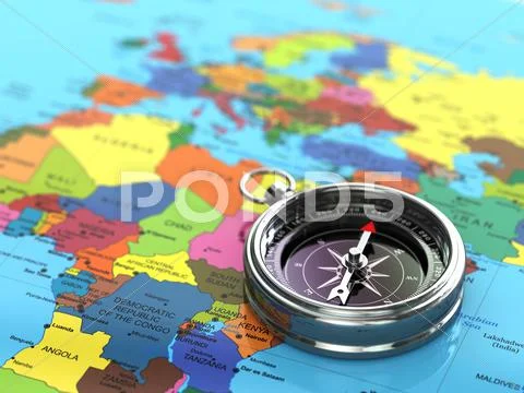 Silver compass on world map background. Stock Illustrationen