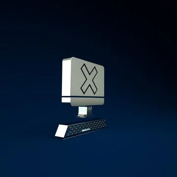 Silver Computer with keyboard and x mark icon isolated on blue background. Er 스톡 일러스트