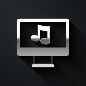 Silver Computer with music note symbol on screen icon isolated on black Stock-Illustration