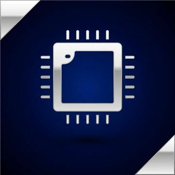 Silver Computer processor with microcircuits CPU icon isolated on dark blue イラスト素材