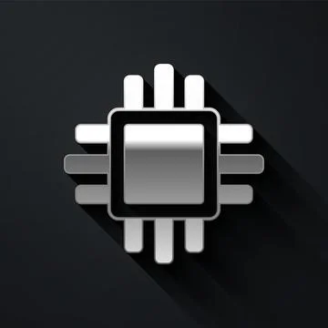 Silver Computer processor with microcircuits CPU icon isolated on black Illustrazione stock