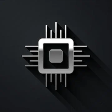 Silver Computer processor with microcircuits CPU icon isolated on black Stock Illustration