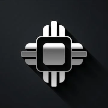 Silver Computer processor with microcircuits CPU icon isolated on black bac.. Stock Illustration