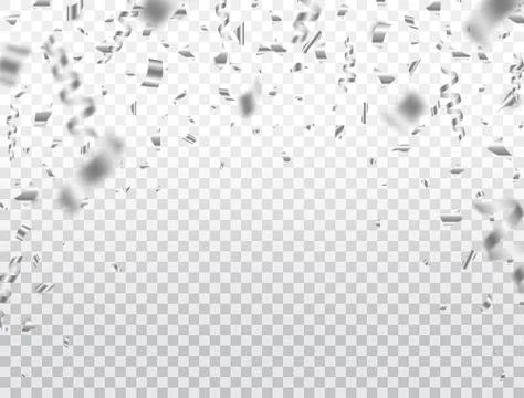 Silver confetti on transparent background. Falling shiny silver confetti and Stock Illustration