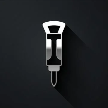 Silver Construction jackhammer icon isolated on black background. Long shadow Stock Illustration