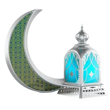 Silver crescent moon with oriental geometric pattern and decorative lantern.. 스톡 일러스트
