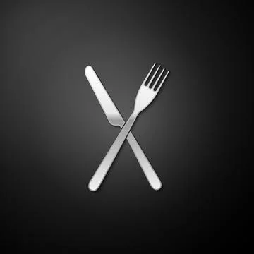 Silver Crossed fork and knife icon isolated on black background. Restaurant icon Stock Illustration