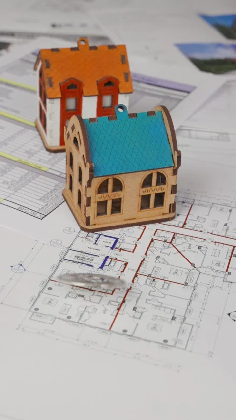 A silver cryptocurrency coin spins on real estate blueprints Stock Footage 305637994