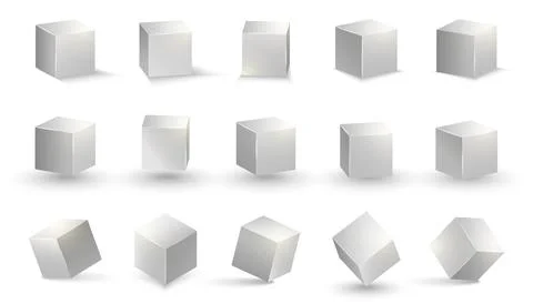 Silver cube. Grey box metallic shape. Vector square block set. 3D cubic objects Stock Illustration