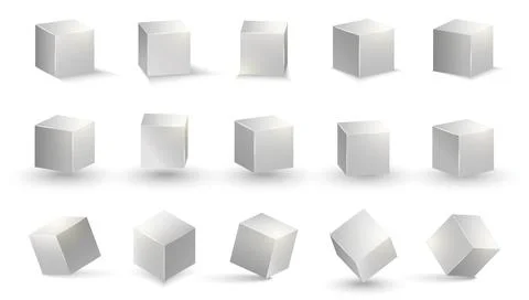 Silver cube. Grey box metallic shape. square block set. 3D cubic objects Stock Illustration