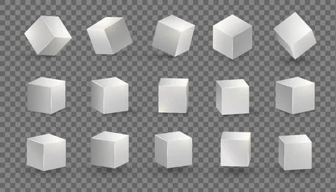 Silver cube. Grey box metallic shape. Vector square block set. 3D cubic objects Stock Illustration