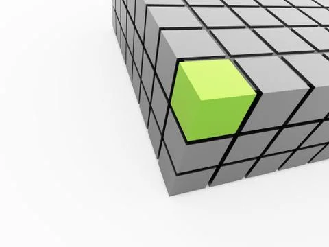 Silver cubes one is green rendered on white background Stock Illustration