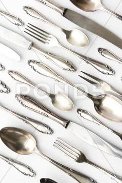 Silver Cutlery Collection On White Background