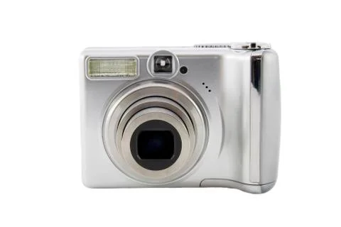 Silver digital camera isolated over white background Stock Photos