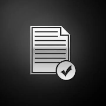 Silver Document and check mark icon isolated on black background. Checklist icon Illustrazione stock