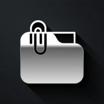 Silver Document folder with paper clip icon isolated on black background. Acc Illustrazione stock