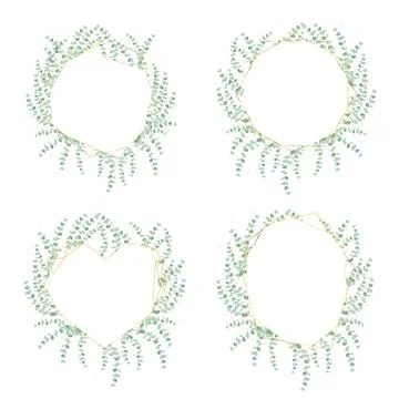 Silver dollar eucalyptus leaf wreath with luxury golden frame and glitter Stock Illustration