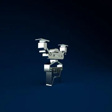Silver Drone delivery concept icon isolated on blue background. Quadrocopter  Illustration