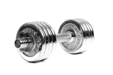 Silver dumbbell weight on a plain white background Stock Photos