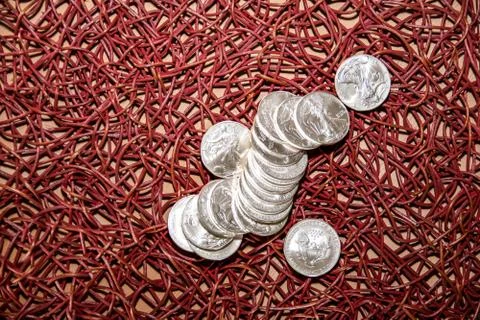 Silver Eagle on red wicker background Stock Photos
