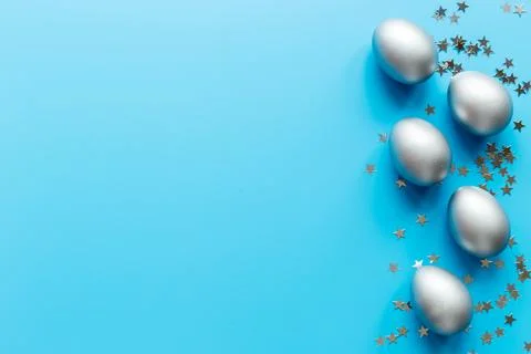 Silver Easter eggs. Easter decoration, top view Stock Photos