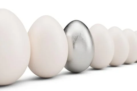 Silver egg around white eggs in row. Silver egg closeup. Silver egg as a sign of Stock Illustration