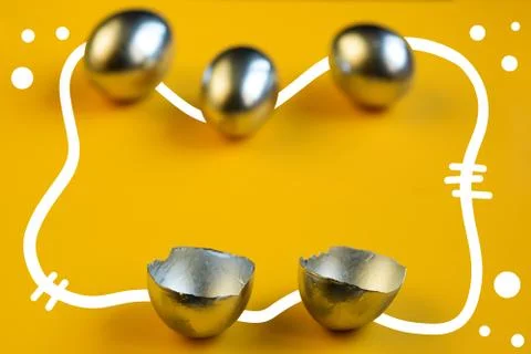 Silver eggs and shells on colored background Stock Photos