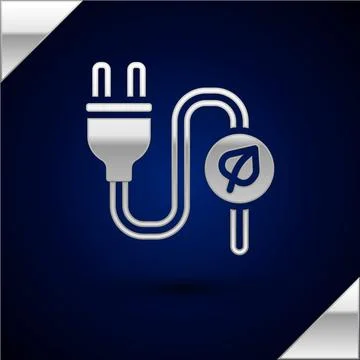 Silver Electric saving plug in leaf icon isolated on dark blue background. Save 스톡 일러스트