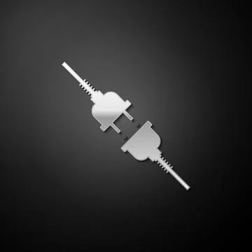 Silver Electric wire plug and socket icon isolated on black background. Long Illustrazione stock