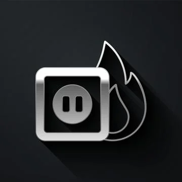 Silver Electric wiring of socket in fire icon isolated on black background. E Stock Illustration