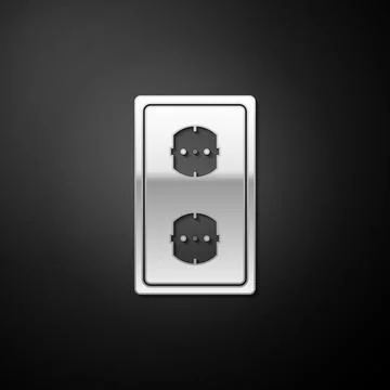Silver Electrical outlet icon isolated on black background. Power socket Illustrazione stock