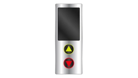 Silver elevator indicator going down animation with glowing red arrow downward. Video stock 332307016