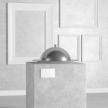 Silver Empty Restaurant Cloche over Pedestal, Stage, Podium or Column in Art  Stock Illustration