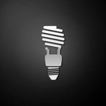 Silver Energy saving light bulb icon isolated on black background. Long shadow 스톡 일러스트