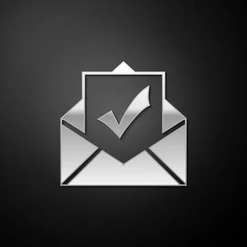 Silver Envelope with document and check mark icon isolated on black background Stock Illustration