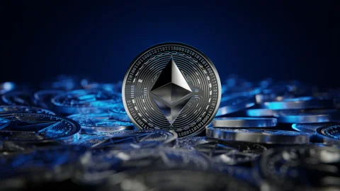 Silver ETH Ethereum Coin on Stack of Coins. Stock Footage 222384935