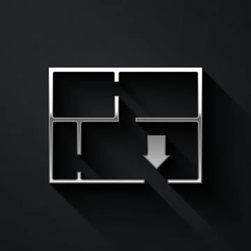 Silver Evacuation plan icon isolated on black background. Fire escape plan. Long Ilustración de archivo