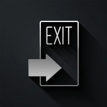 Silver Fire exit icon isolated on black background. Fire emergency icon. Lo.. Ilustración de archivo