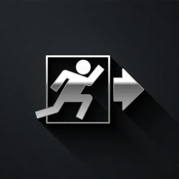 Silver Fire exit icon isolated on black background. Fire emergency icon. Lo.. Ilustración de archivo