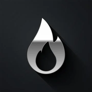 Silver Fire flame icon isolated on black background. Long shadow style. Vector Stock Illustration