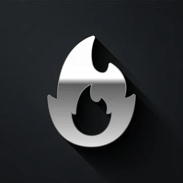 Silver Fire flame icon isolated on black background. Long shadow style. Vecto Illustrazione stock