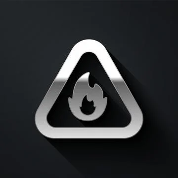 Silver Fire flame in triangle icon isolated on black background. Warning sign of Stock Illustration