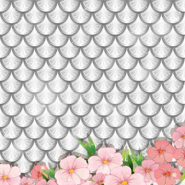 Silver fish scales pattern with many flowers Stockillustratie